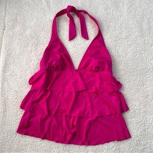 Kenneth Cole Reaction Ruffle Halter Tankini Swim Top in Pink Bloom Colorway